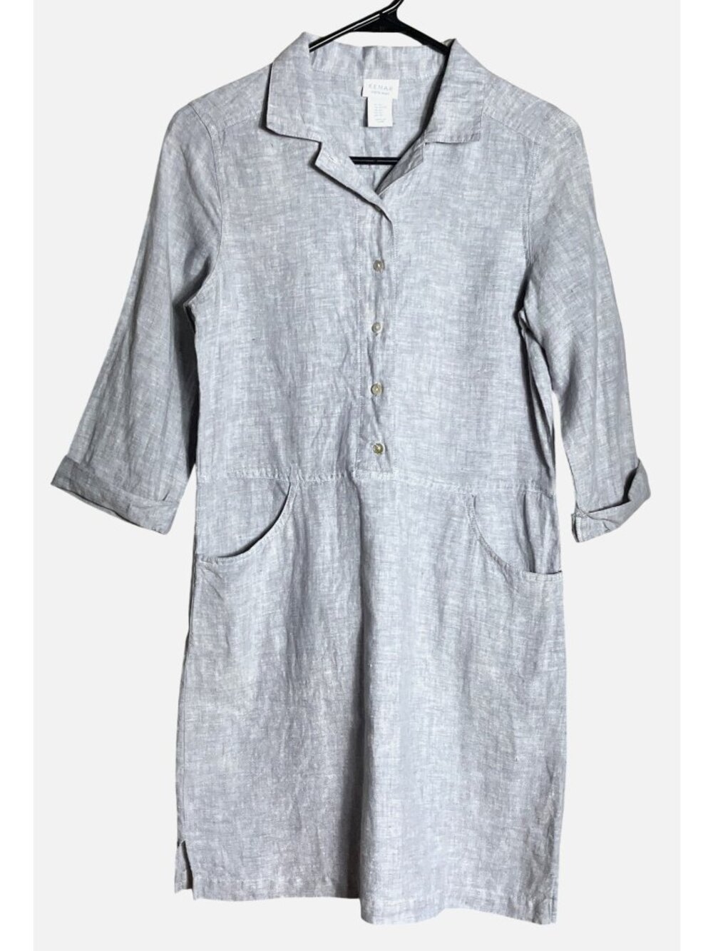 Kenar Linen Shirtdress Gray Knee Length Shift Smart Casual Pockets Button Wom XS